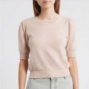 Frame Denim Blush Pink Short-Sleeve Cashmere Pointelle Crew Sweater S